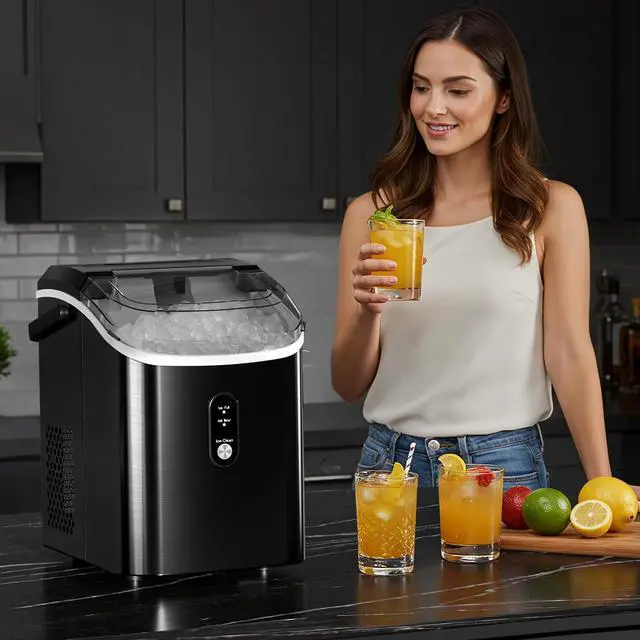 Alt view image 7 of 7 - Nugget Ice Maker Countertop with Soft Chewable Ice, Portable Sonic Ice Maker with Basket and Scoop, Removable Top Cover, Auto-Cleaning for Home/Party/RV/Camping (Stainless Steel Black)