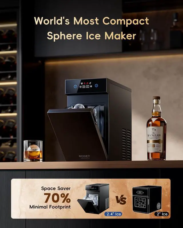 Alt view image 3 of 7 - 2.4" Clear Ice Ball Maker Countertop Minimal Footprint, Sphere Ice | CrystalFlux Technology, 1 Pcs in 40 Mins, 32 Pcs/Day, 8H Timer, Self-Cleaning | Home Bar Machine Whiskey & Bourbon