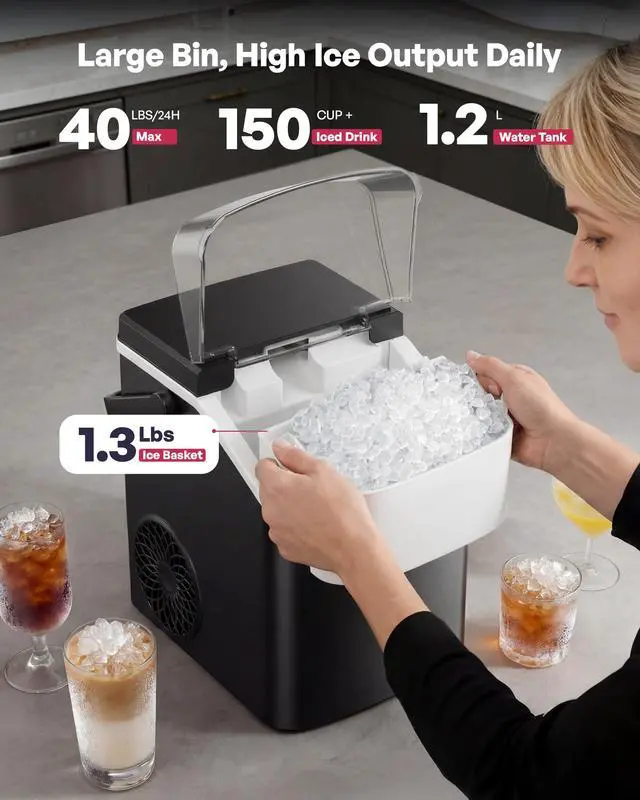 Alt view image 3 of 7 - Nugget Ice Maker Countertop with Handle, Ready in 4 Mins, Max 40lbs/24H, Chewable Ice, Self-Cleaning, Portable Sonic Ice Maker with Basket and Scoop, for Home/Party/RV/Camping (Black)