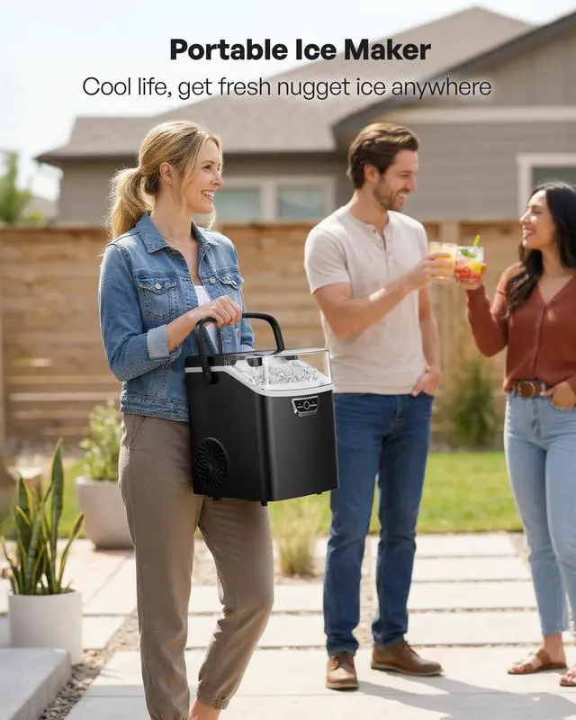 Alt view image 5 of 7 - Nugget Ice Maker Countertop with Handle, Ready in 4 Mins, Max 40lbs/24H, Chewable Ice, Self-Cleaning, Portable Sonic Ice Maker with Basket and Scoop, for Home/Party/RV/Camping (Black)