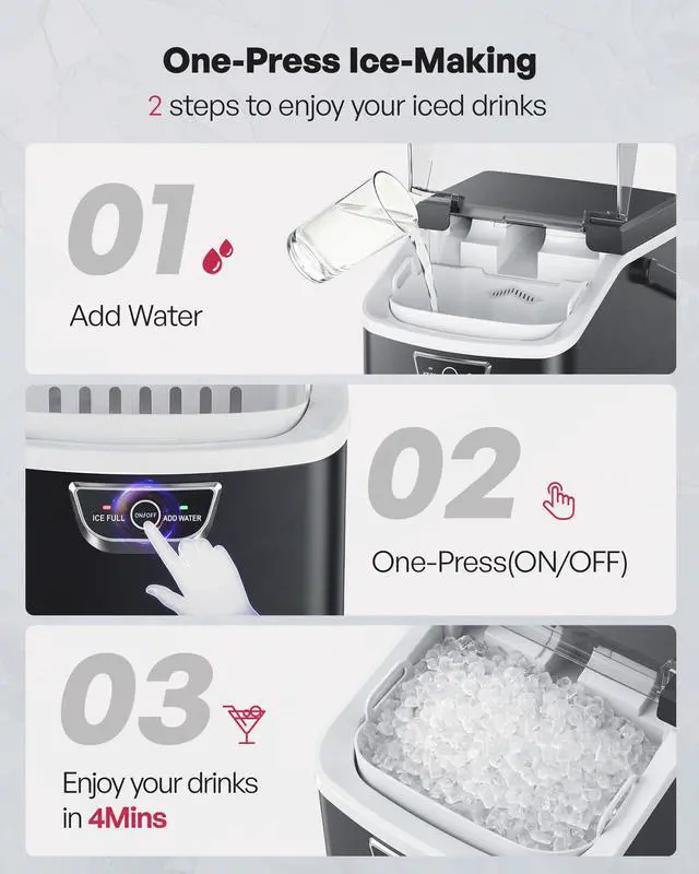 Alt view image 7 of 7 - Nugget Ice Maker Countertop with Handle, Ready in 4 Mins, Max 40lbs/24H, Chewable Ice, Self-Cleaning, Portable Sonic Ice Maker with Basket and Scoop, for Home/Party/RV/Camping (Black)