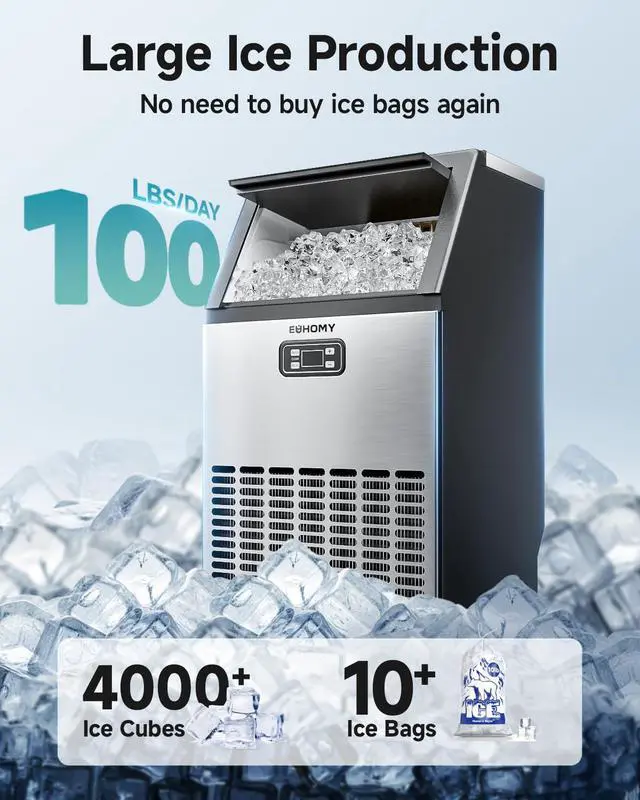 Alt view image 2 of 8 - EUHOMY Commercial Ice Maker Machine, 100lbs/24H Stainless Steel Under Counter ice Machine with 33lbs Ice Storage Capacity, Freestanding Ice Maker.