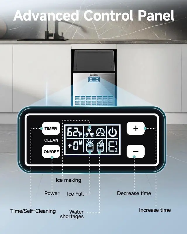 Alt view image 5 of 8 - EUHOMY Commercial Ice Maker Machine, 100lbs/24H Stainless Steel Under Counter ice Machine with 33lbs Ice Storage Capacity, Freestanding Ice Maker.