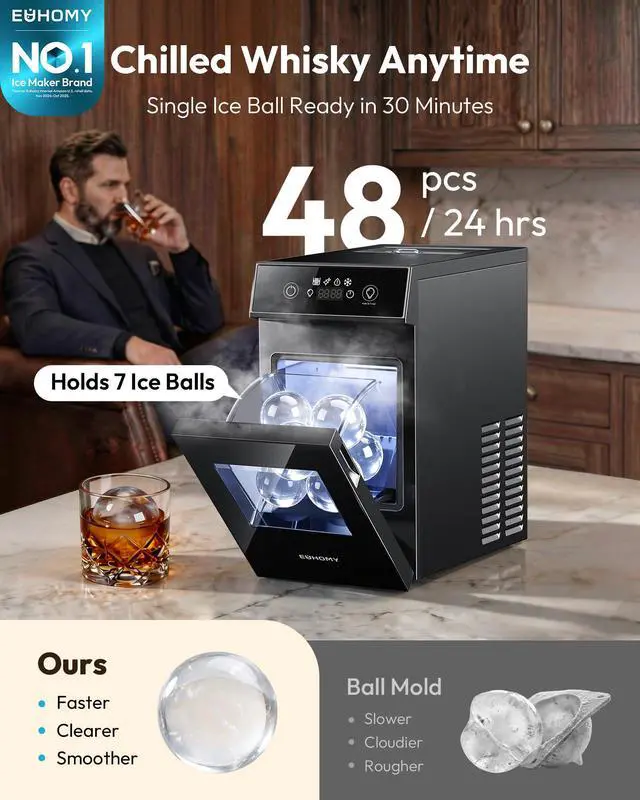 Alt view image 2 of 7 - 2.4" Ice Ball Maker Countertop, 2Pcs Ready in 60Mins, 48Pcs/Day, 8H Timer, Self-Cleaning Sphere Ice Maker Machine with Crystal Clear Ice, Round Ice Cube Maker for Whiskey & Bourbon