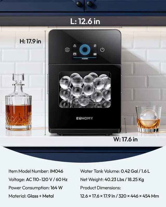 Alt view image 7 of 8 - EUHOMY 2" Ice Ball Maker Countertop, 4Pcs Ready in 40Mins, 144Pcs/day, Self-Cleaning Sphere Ice Maker Machine with Crystal Clear Ice, Round Ice Cube Maker for Whiskey & Bourbon