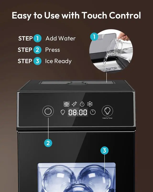 Alt view image 5 of 7 - 2.4" Ice Ball Maker Countertop, 2Pcs Ready in 60Mins, 48Pcs/Day, 8H Timer, Self-Cleaning Sphere Ice Maker Machine with Crystal Clear Ice, Round Ice Cube Maker for Whiskey & Bourbon