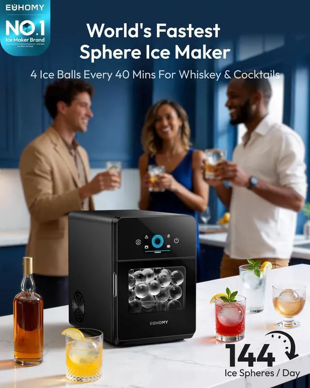 Alt view image 2 of 8 - EUHOMY 2" Ice Ball Maker Countertop, 4Pcs Ready in 40Mins, 144Pcs/day, Self-Cleaning Sphere Ice Maker Machine with Crystal Clear Ice, Round Ice Cube Maker for Whiskey & Bourbon