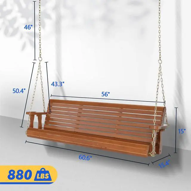 Alt view image 2 of 7 - VINGLI Upgraded Patio Wooden Porch Swing for Courtyard & Garden, Heavy Duty 880 LBS Swing Chair Bench with Hanging Chains for Outdoors (Brown, 5 FT)