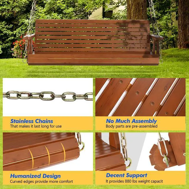 Alt view image 4 of 7 - VINGLI Upgraded Patio Wooden Porch Swing for Courtyard & Garden, Heavy Duty 880 LBS Swing Chair Bench with Hanging Chains for Outdoors (Brown, 5 FT)
