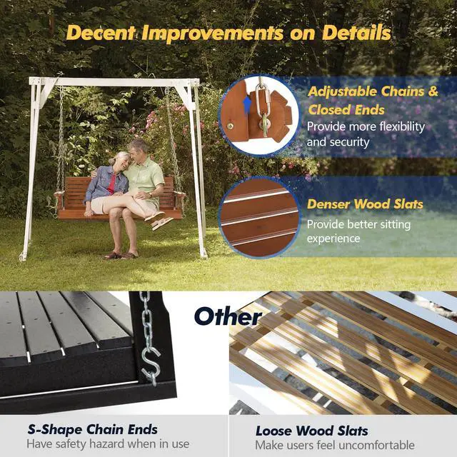 Alt view image 3 of 7 - VINGLI Upgraded Patio Wooden Porch Swing for Courtyard & Garden, Heavy Duty 880 LBS Swing Chair Bench with Hanging Chains for Outdoors (Brown, 5 FT)