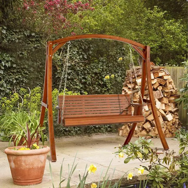 Alt view image 7 of 7 - VINGLI Upgraded Patio Wooden Porch Swing for Courtyard & Garden, Heavy Duty 880 LBS Swing Chair Bench with Hanging Chains for Outdoors (Brown, 5 FT)