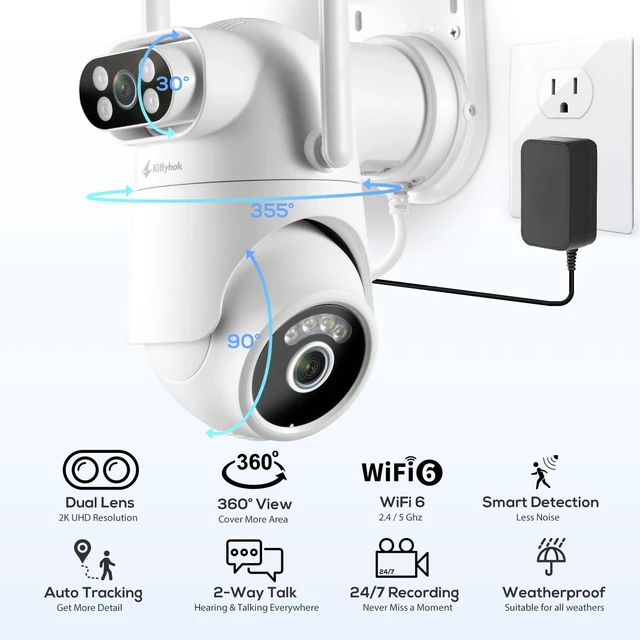 Alt view image 2 of 7 - Kittyhok Home Security Camera System Wireless, Dual Lens 2K Outdoor Cameras | Add-on Cam, 2.4/5GHz WiFi, Motion Detection, Auto Tracking, 360° Pan & Tilt, Color Night Vision, 2-Way Audio, 24/7 Record