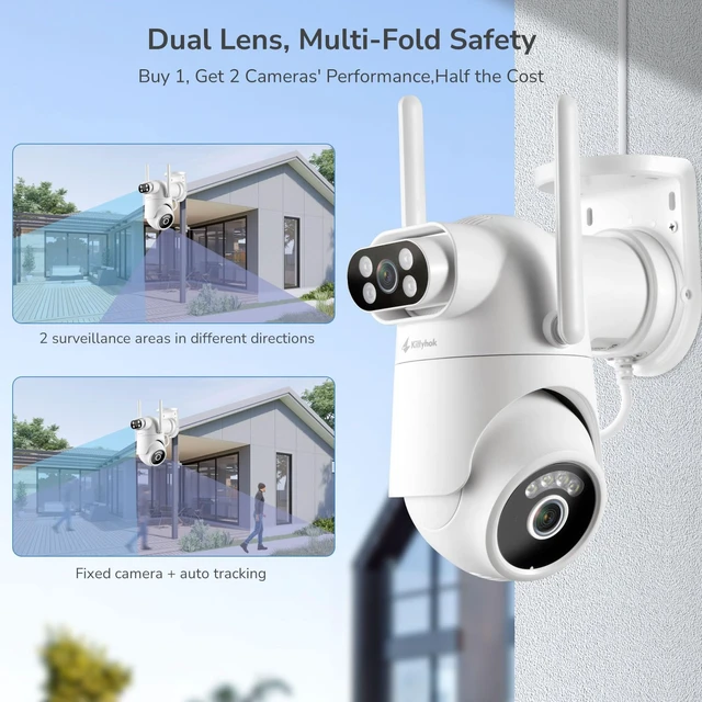 Alt view image 3 of 7 - Kittyhok Home Security Camera System Wireless, Dual Lens 2K Outdoor Cameras | Add-on Cam, 2.4/5GHz WiFi, Motion Detection, Auto Tracking, 360° Pan & Tilt, Color Night Vision, 2-Way Audio, 24/7 Record