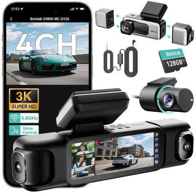 Main image of BOTSLAB 3K 4 Channel Dash Cam, 24/7 Parking Mode with Hardwire Kit, 560° View, Front and Rear Inside Car Camera with 3.18Touch Screen, Night Vision Voice Control, Free 128GB Card 5.8GHz WiFi & GPS