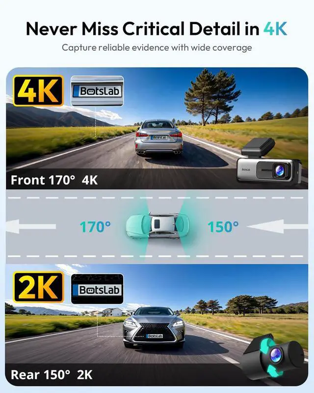 Alt view image 2 of 7 - 4K Dash Cam Front and Rear, 170° Ultra Wide Car Camera, 4K+2K Dashcam with ADAS, Night Vision, 24/7 Parking Mode, STARVIS Sensor, WDR, 5.8GHz WiFi, Built-in GPS, Loop Recording (No SD Card)