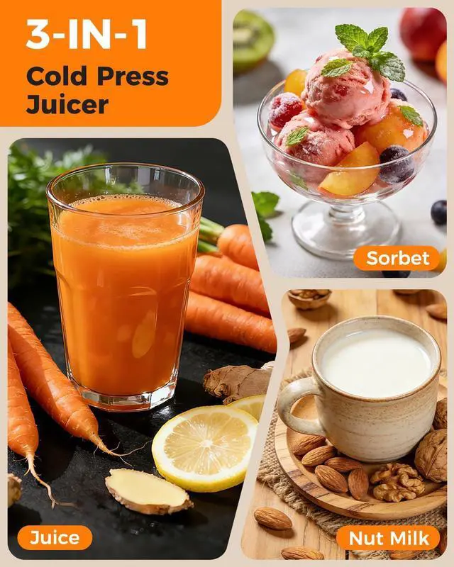 Main image of 3-in-1 Cold Press Juicer Machines, 6.5" Mega Chute for Whole Fruit, Slow Masticating Juicer with Sorbet & Nut Milk Maker, BPA Free, 100 OZ Hopper, Easy Clean, Oxide Gray