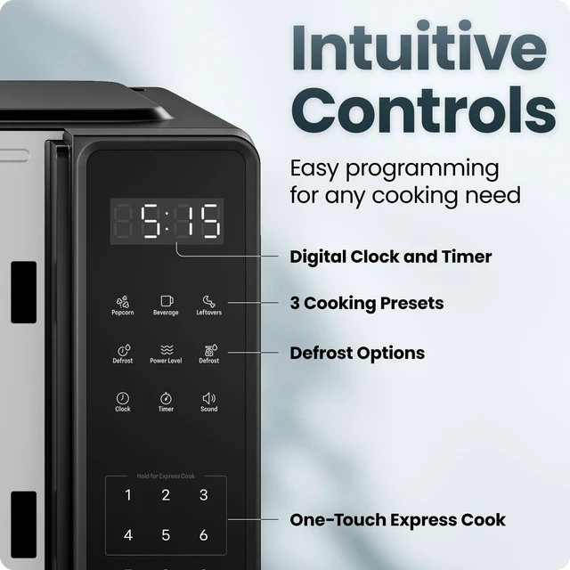 Alt view image 5 of 7 - Countertop Microwave Oven 0.7 Cu. Ft., 700 Watts with 10 Power Levels, 6 Cooking Presets with One-Touch Express Cook, Eco Mode, Child Safety Lock, & Mute Button - Black