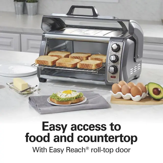 Alt view image 2 of 6 - Easy Reach 6 Slice Countertop Convection Toaster Oven | Roll-Top Door For Easy Access | Bake, Broil & Toast Functions | 150 to 450ºF Adjustable Temp | Auto Shutoff | Silver