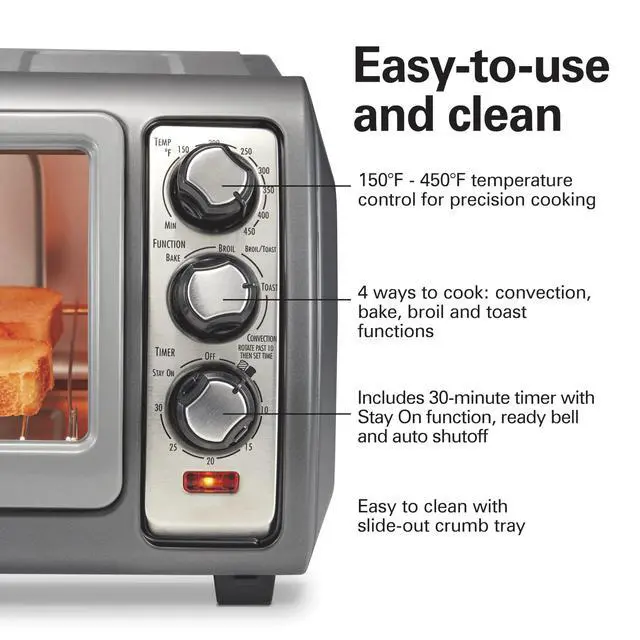 Alt view image 6 of 6 - Easy Reach 6 Slice Countertop Convection Toaster Oven | Roll-Top Door For Easy Access | Bake, Broil & Toast Functions | 150 to 450ºF Adjustable Temp | Auto Shutoff | Silver