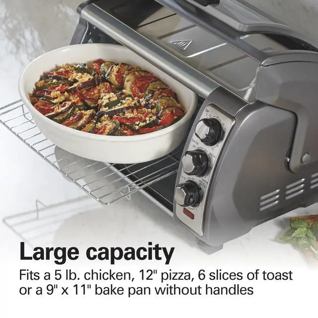 Alt view image 5 of 6 - Easy Reach 6 Slice Countertop Convection Toaster Oven | Roll-Top Door For Easy Access | Bake, Broil & Toast Functions | 150 to 450ºF Adjustable Temp | Auto Shutoff | Silver
