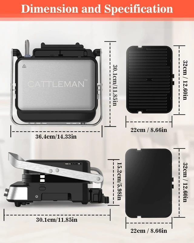 Alt view image 2 of 7 - CATTLEMAN Panini Press Grill Sandwich Maker with Removable Plates, 1600W, 5 in 1 Smokeless Indoor Grill & Griddle with Meat Thermometer, Electric Contact Grills for Kitchen, Stainless Steel
