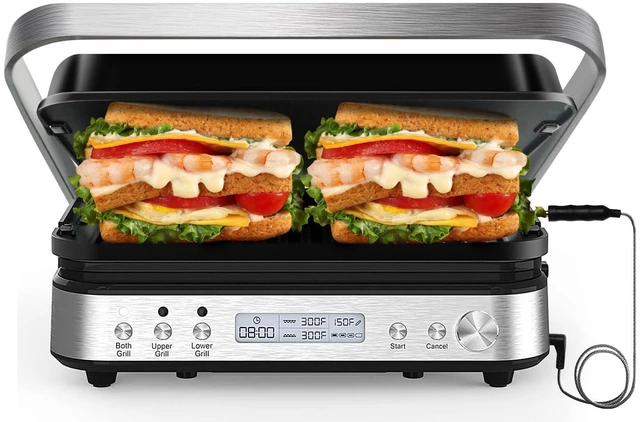Main image of CATTLEMAN Panini Press Grill Sandwich Maker with Removable Plates, 1600W, 5 in 1 Smokeless Indoor Grill & Griddle with Meat Thermometer, Electric Contact Grills for Kitchen, Stainless Steel