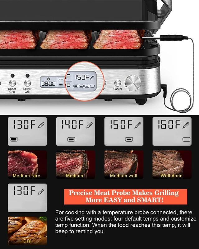Alt view image 3 of 7 - CATTLEMAN Panini Press Grill Sandwich Maker with Removable Plates, 1600W, 5 in 1 Smokeless Indoor Grill & Griddle with Meat Thermometer, Electric Contact Grills for Kitchen, Stainless Steel