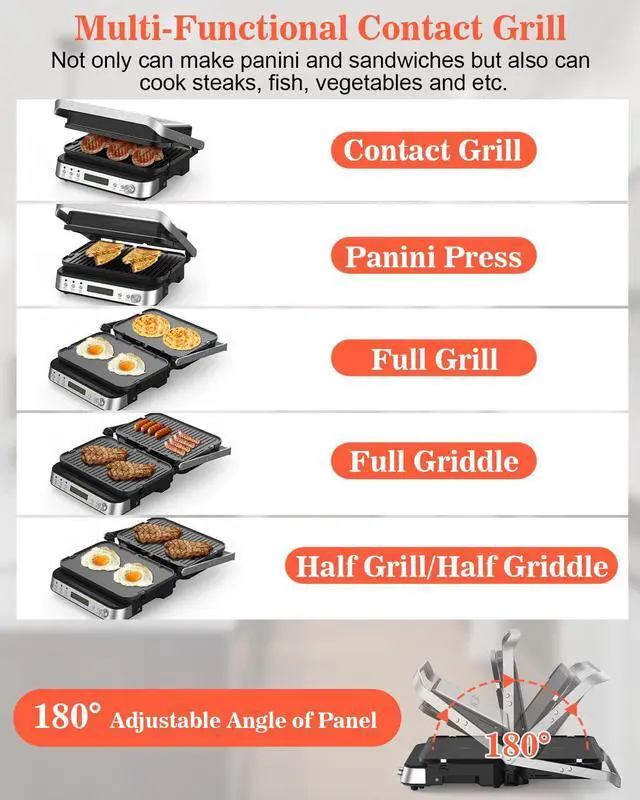 Alt view image 6 of 7 - CATTLEMAN Panini Press Grill Sandwich Maker with Removable Plates, 1600W, 5 in 1 Smokeless Indoor Grill & Griddle with Meat Thermometer, Electric Contact Grills for Kitchen, Stainless Steel