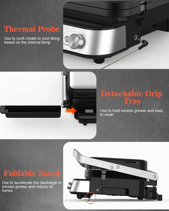 Alt view image 7 of 7 - CATTLEMAN Panini Press Grill Sandwich Maker with Removable Plates, 1600W, 5 in 1 Smokeless Indoor Grill & Griddle with Meat Thermometer, Electric Contact Grills for Kitchen, Stainless Steel