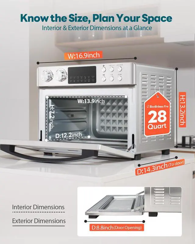 Alt view image 2 of 7 - 28QT Air Fryer Toaster Oven Combo, Large 12-in-1 Convection Countertop Oven with Next-Gen HeatWave Convection, 3-Layer Cooking, Rotisserie for Chicken, Fits 11" Pizza, All Accessories, Stainless Steel