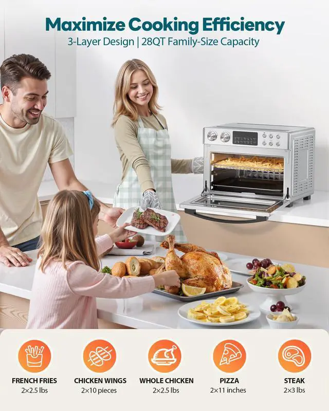 Alt view image 4 of 7 - 28QT Air Fryer Toaster Oven Combo, Large 12-in-1 Convection Countertop Oven with Next-Gen HeatWave Convection, 3-Layer Cooking, Rotisserie for Chicken, Fits 11" Pizza, All Accessories, Stainless Steel
