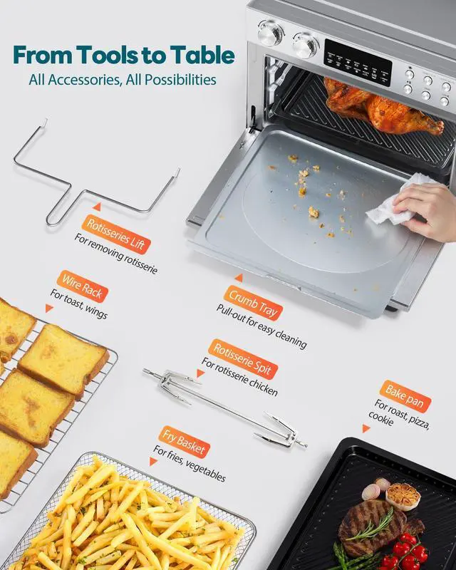 Alt view image 6 of 7 - 28QT Air Fryer Toaster Oven Combo, Large 12-in-1 Convection Countertop Oven with Next-Gen HeatWave Convection, 3-Layer Cooking, Rotisserie for Chicken, Fits 11" Pizza, All Accessories, Stainless Steel