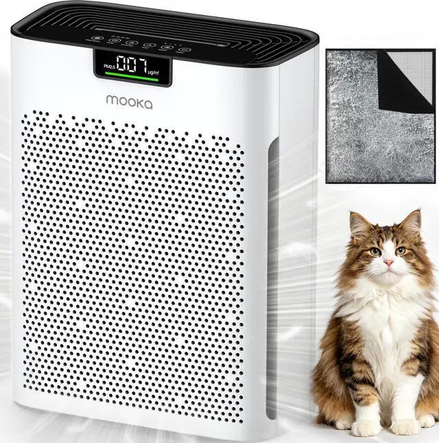 Main image of Air Purifier for Home Bedroom Large Room 2200 Ft², MOOKA H13 HEPA Air Cleaner with Washable Pre-filter, Air Quality Monitor, Air Purifiers for Pets Hair Smoke Dust Pollen, Auto Mode, KJ190 White