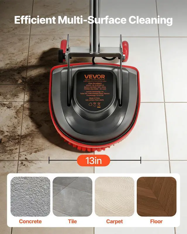 Alt view image 3 of 13 - VEVOR Commercial Floor Scrubber Machine, Heavy Duty Floor Cleaner Polisher with 2 Wheels, Professional Electric Carpet Buffer, Max 1900 RPM, 43 FT Cord, 3 Pads & 3 Brushes - All Floor Surfaces