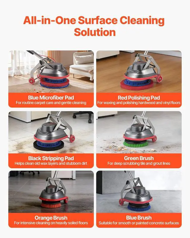 Alt view image 5 of 13 - VEVOR Commercial Floor Scrubber Machine, Heavy Duty Floor Cleaner Polisher with 2 Wheels, Professional Electric Carpet Buffer, Max 1900 RPM, 43 FT Cord, 3 Pads & 3 Brushes - All Floor Surfaces