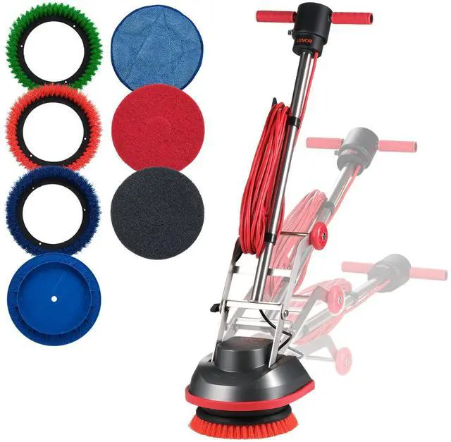 Main image of VEVOR Commercial Floor Scrubber Machine, Heavy Duty Floor Cleaner Polisher with 2 Wheels, Professional Electric Carpet Buffer, Max 1900 RPM, 43 FT Cord, 3 Pads & 3 Brushes - All Floor Surfaces