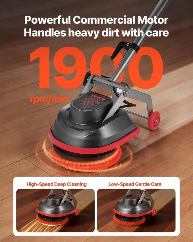 Alt view image 2 of 13 - VEVOR Commercial Floor Scrubber Machine, Heavy Duty Floor Cleaner Polisher with 2 Wheels, Professional Electric Carpet Buffer, Max 1900 RPM, 43 FT Cord, 3 Pads & 3 Brushes - All Floor Surfaces