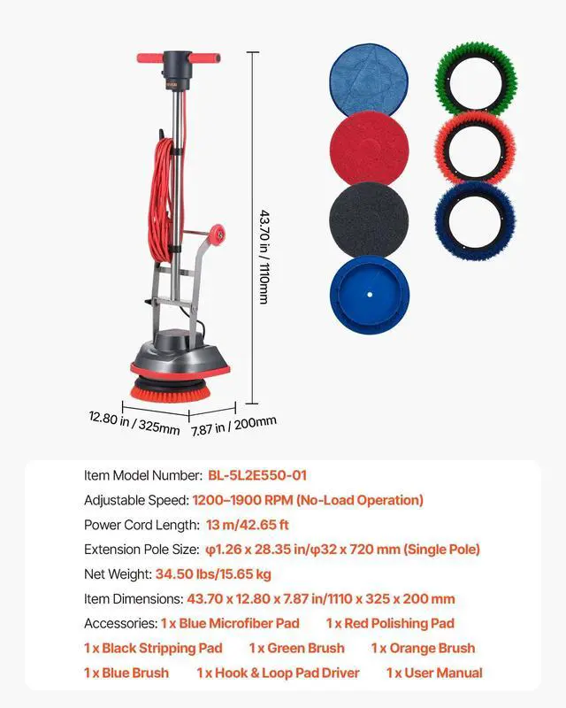 Alt view image 6 of 13 - VEVOR Commercial Floor Scrubber Machine, Heavy Duty Floor Cleaner Polisher with 2 Wheels, Professional Electric Carpet Buffer, Max 1900 RPM, 43 FT Cord, 3 Pads & 3 Brushes - All Floor Surfaces
