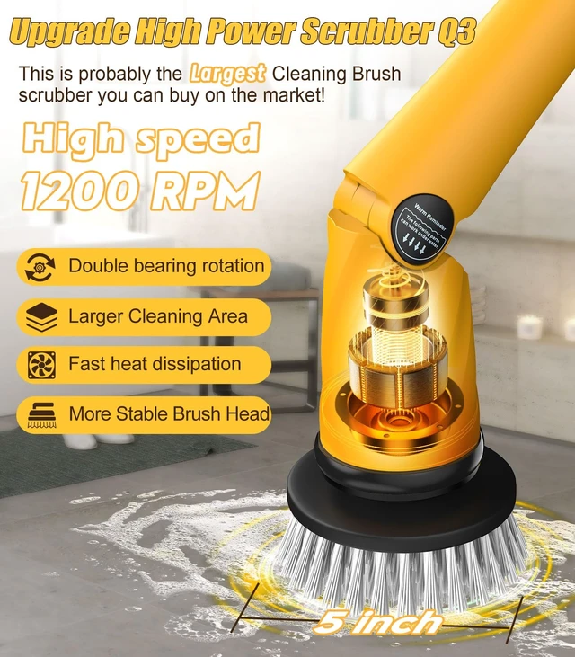 Alt view image 2 of 7 - Electric Spin Scrubber Q3, 6000mAh, Extra-Large Brush Head, 1200RPM | Floor Scrubber Machine with Long Handle, Cordless Cleaning Brush, 8 Brush Heads and Smart Display for Showers, Tubs and Tile