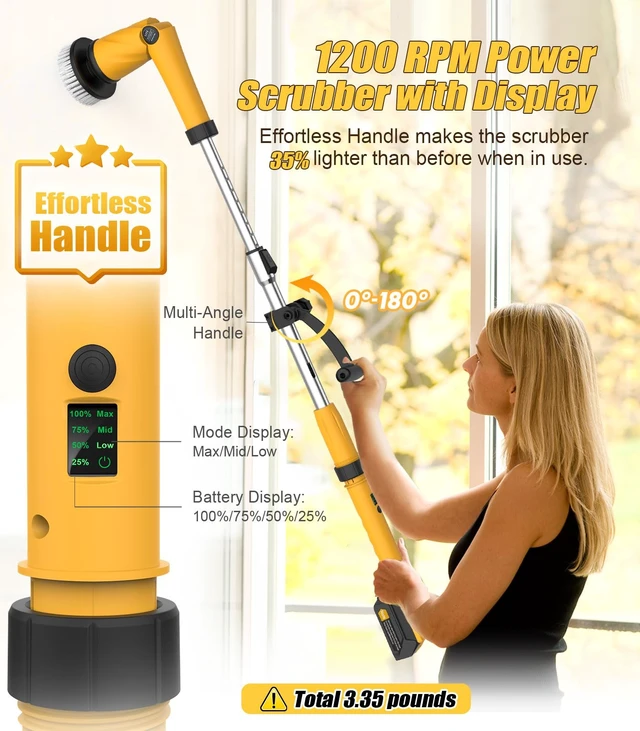 Alt view image 5 of 7 - Electric Spin Scrubber Q3, 6000mAh, Extra-Large Brush Head, 1200RPM | Floor Scrubber Machine with Long Handle, Cordless Cleaning Brush, 8 Brush Heads and Smart Display for Showers, Tubs and Tile