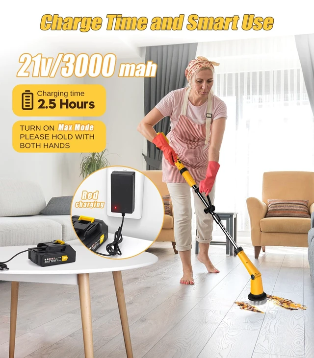 Alt view image 6 of 7 - Electric Spin Scrubber Q3, 6000mAh, Extra-Large Brush Head, 1200RPM | Floor Scrubber Machine with Long Handle, Cordless Cleaning Brush, 8 Brush Heads and Smart Display for Showers, Tubs and Tile