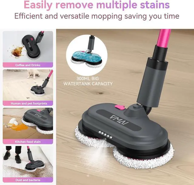 Alt view image 3 of 7 - VMAI Cordless Electric Mop for Floor Cleaning, Self-Propelled Spin Mop with LED Headlight & Water Spray, Up to 60 Mins Detachable Battery, 300ML Tank for Hardwood Tile Laminate Marble Floor