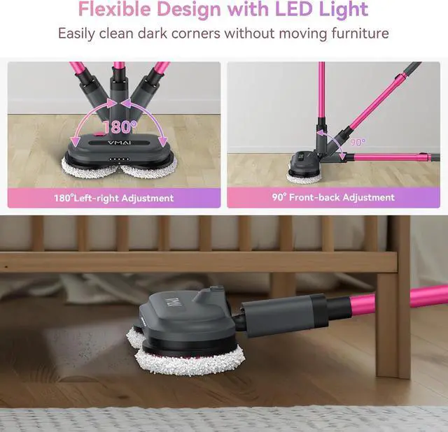 Alt view image 5 of 7 - VMAI Cordless Electric Mop for Floor Cleaning, Self-Propelled Spin Mop with LED Headlight & Water Spray, Up to 60 Mins Detachable Battery, 300ML Tank for Hardwood Tile Laminate Marble Floor