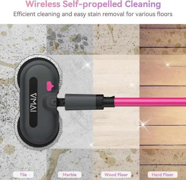 Alt view image 6 of 7 - VMAI Cordless Electric Mop for Floor Cleaning, Self-Propelled Spin Mop with LED Headlight & Water Spray, Up to 60 Mins Detachable Battery, 300ML Tank for Hardwood Tile Laminate Marble Floor
