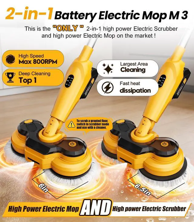 Alt view image 2 of 7 - qimedo 6000mAh Battery Cordless Electric Mop M3 Pro, 800RPM Electric Power Scrubber & Mops for Floor Cleaning, Automatic Spin Mops with Smart Display,Rotating Mop with LED Light & Water Spray