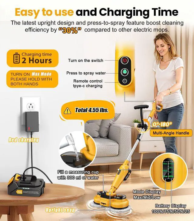 Alt view image 5 of 7 - qimedo 6000mAh Battery Cordless Electric Mop M3 Pro, 800RPM Electric Power Scrubber & Mops for Floor Cleaning, Automatic Spin Mops with Smart Display,Rotating Mop with LED Light & Water Spray