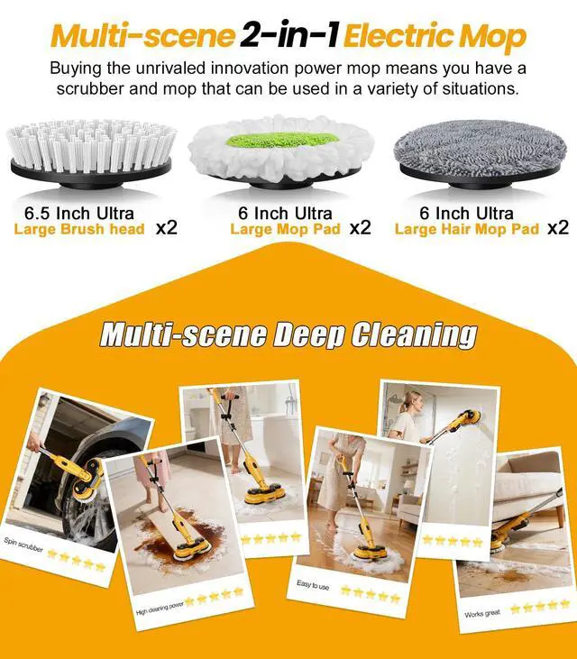 Alt view image 6 of 7 - qimedo 6000mAh Battery Cordless Electric Mop M3 Pro, 800RPM Electric Power Scrubber & Mops for Floor Cleaning, Automatic Spin Mops with Smart Display,Rotating Mop with LED Light & Water Spray