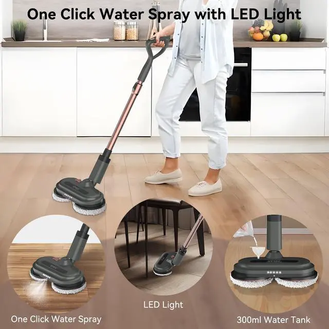 Alt view image 4 of 7 - VMAI Cordless Electric Mop, Electric Mops for Floor Cleaning, Spin Mop with LED Headlight, Water Spray, Cordless Mop Up to 60 mins Detachable Battery, Floor Scrubber for Hardwood Floors