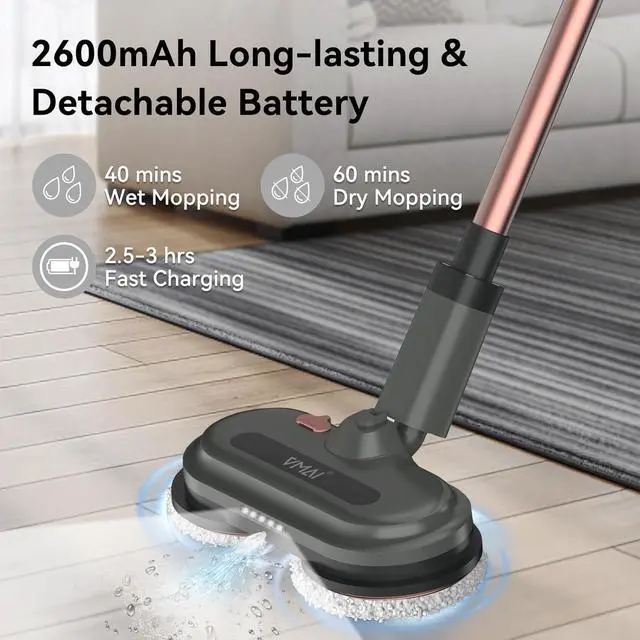 Alt view image 2 of 7 - Cordless Electric Mop, Electric Floor Cleaner with Water Sprayer & LED Headlights, Up to 60 mins Lasting Time, Powerful Spin Mop with Extendable Tube, Self-Propelled, Floor Cleaning Solution included