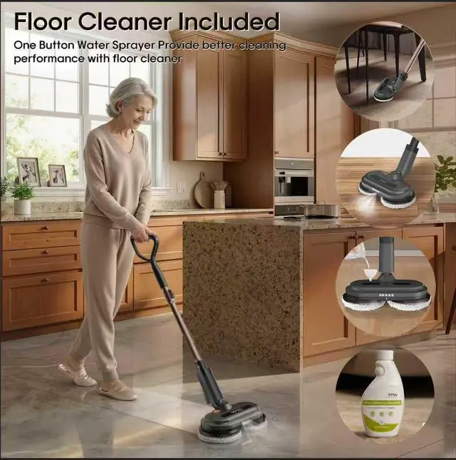 Alt view image 4 of 7 - Cordless Electric Mop, Electric Floor Cleaner with Water Sprayer & LED Headlights, Up to 60 mins Lasting Time, Powerful Spin Mop with Extendable Tube, Self-Propelled, Floor Cleaning Solution included